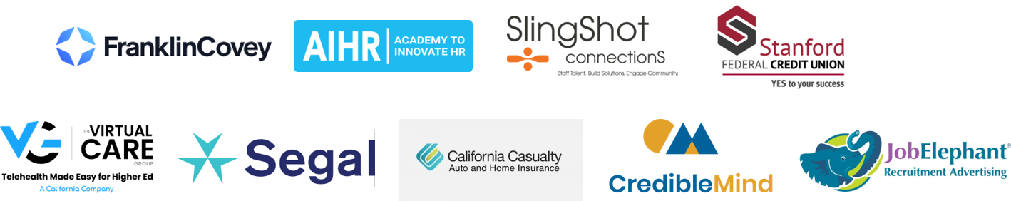 image of annual and conference sponsors: FranklinCovey, AIHR, SlingShot, Stanford Federal Credit Union, Virtual Care, Segal, California Casualty, CredibleMind, JobElephant